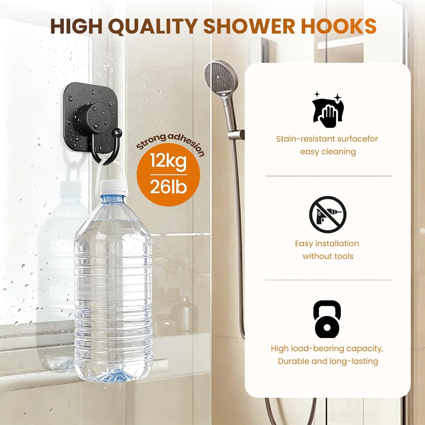 Aikzik 4 Pack Large Heavy Duty Wall Hooks - 26lb Max, Stainless Steel Adhesive Towel Hook, Shower Hooks for Hanging Towel, Coat, Robe, Wall Hook for Use in Bathroom, Kitchen and Door, Matte Black