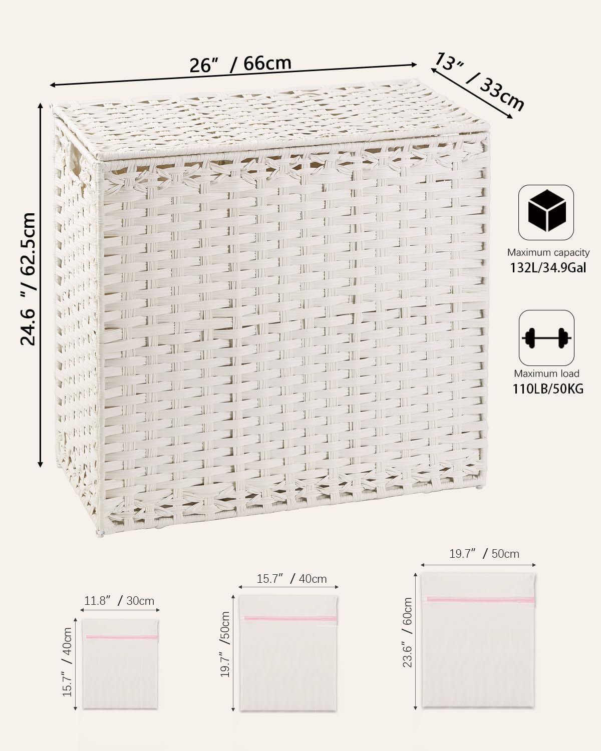 SETVSON Laundry Hamper with Lid Laundry Basket 132 L (35 Gal) Wicker Clothes Hamper, Handwoven Rattan Hamper with Handles and 4 Removable Liner Bags, 6 Mesh Bags for Laundry Bedroom Natural