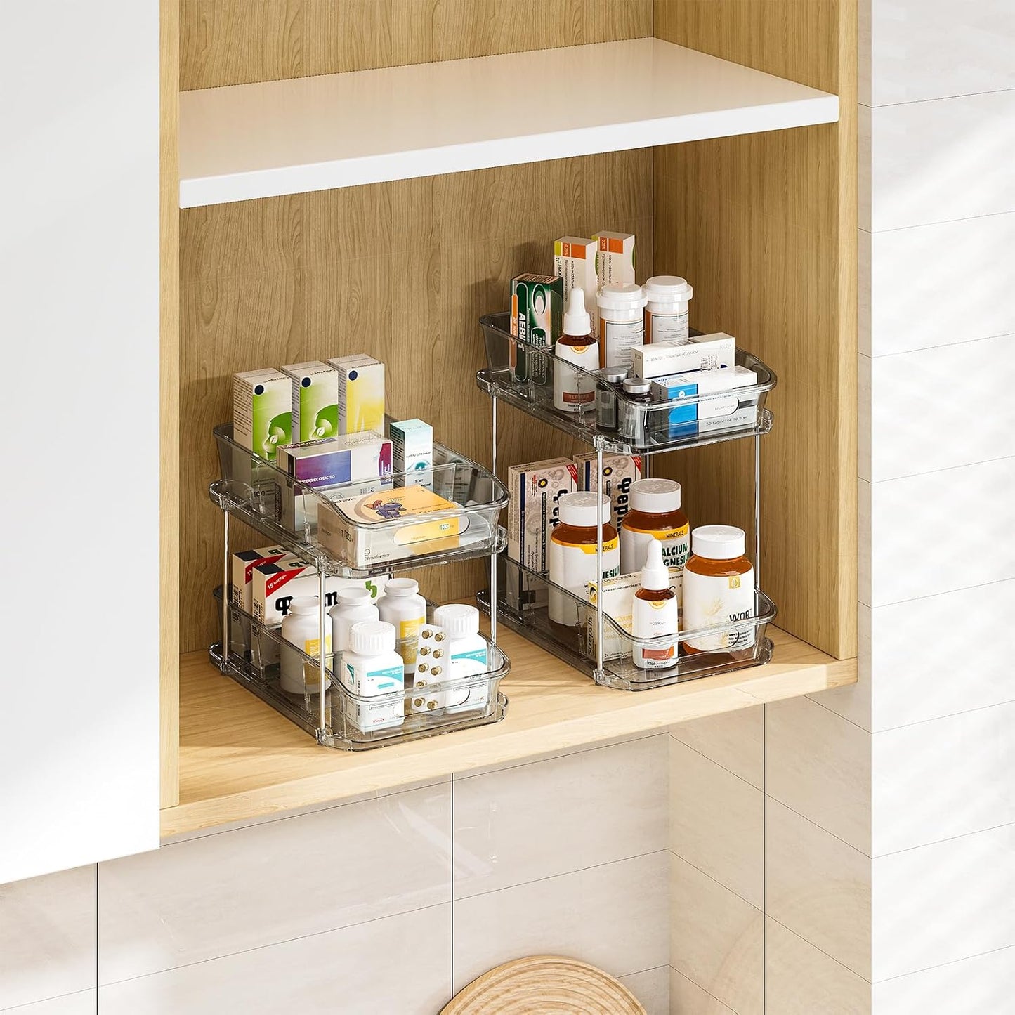 Delamu 2-Tier Under Sink Organizers and Storage, Multi-Purpose Stackable Bathroom Cabinet organizers, Pull Out Kitchen Pantry Organization and Storage with Dividers(2 Pack, Clear)