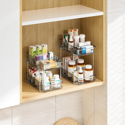 Delamu 2-Tier Under Sink Organizers and Storage, Multi-Purpose Stackable Bathroom Cabinet organizers, Pull Out Kitchen Pantry Organization and Storage with Dividers(2 Pack, Clear)