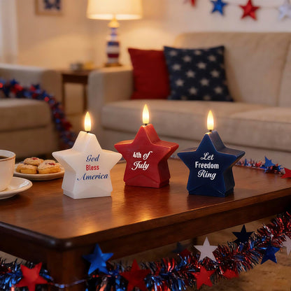 4th of July Flameless Pillar Candles with Remote, Patriotic Red White and Blue Battery Operated Star Shaped LED Pillar Candle Set of 3, Independence Day Decorations for Home Party Table Fireplace