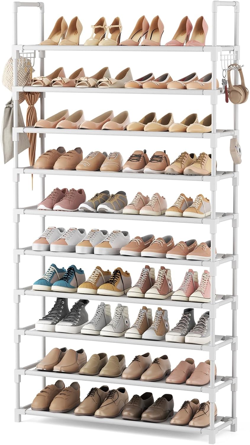 VTRIN 10 Tiers Tall Shoe Rack Holds 20-25 Pairs of Shoes Sturdy Vertical Shoe Organizer with 18pcs Hooks Stackable Narrow Shoe Rack for Closet, Entryway Black