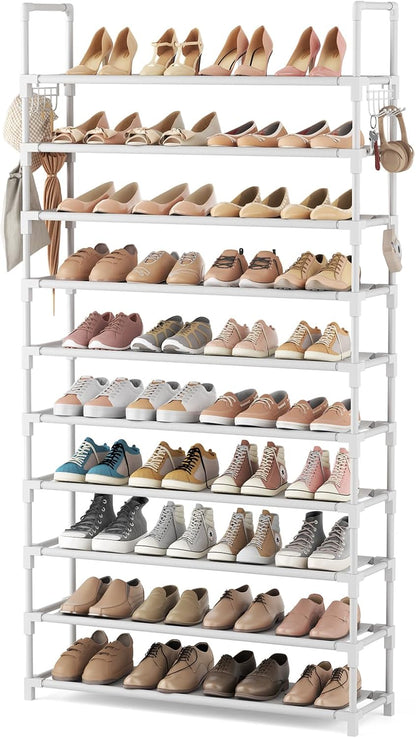 VTRIN 10 Tiers Tall Shoe Rack Holds 20-25 Pairs of Shoes Sturdy Vertical Shoe Organizer with 18pcs Hooks Stackable Narrow Shoe Rack for Closet, Entryway Black