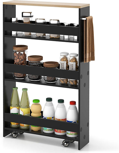 COSTWAY Slim Rolling Storage Cart, 4-Tier Rolling Utility Cart, Wood Kitchen Storage Cart with Handle & Wheels, Narrow Rolling Shelving Unit for Kitchen Bathroom Laundry Small Places (Plain White)