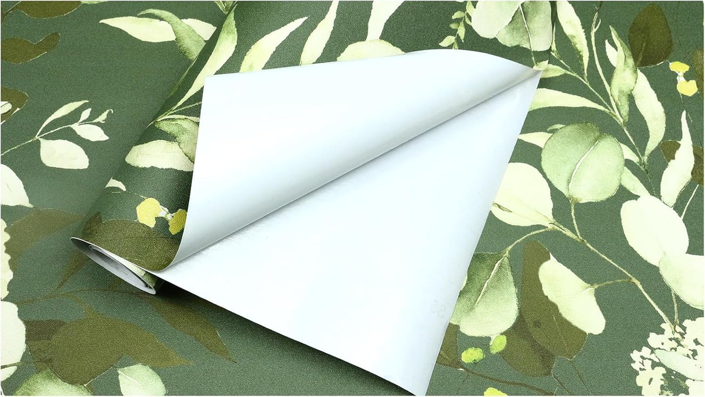 HAOKHOME Peel and Stick Wallpaper Boho Green/White Botanical Leaf Floral Wall Mural Home Nursery Decor Renter Friendly Wallpaper 17.3in x 9.8ft