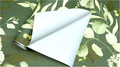 HAOKHOME Peel and Stick Wallpaper Boho Green/White Botanical Leaf Floral Wall Mural Home Nursery Decor Renter Friendly Wallpaper 17.3in x 9.8ft