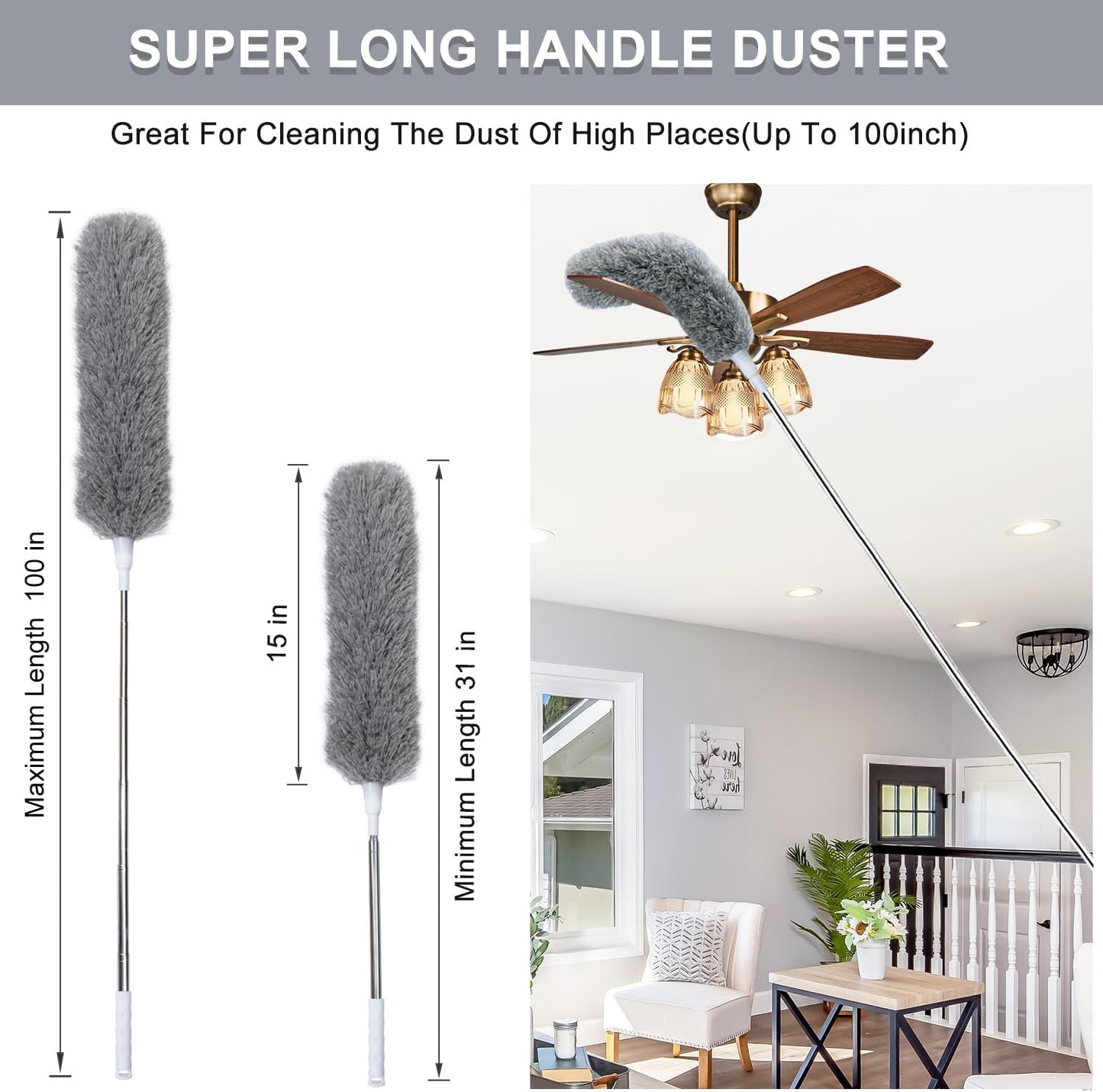 100" Extra-Long Microfiber Feather Duster, Extendable Pole Dusters, Telescoping Cobweb Duster for Cleaning, Bendable and Washable Microfiber Head, Cleaner for High Ceiling, Fan, Furniture