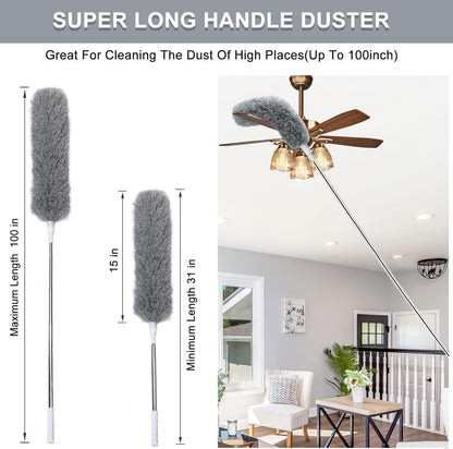 100" Extra-Long Microfiber Feather Duster, Extendable Pole Dusters, Telescoping Cobweb Duster for Cleaning, Bendable and Washable Microfiber Head, Cleaner for High Ceiling, Fan, Furniture