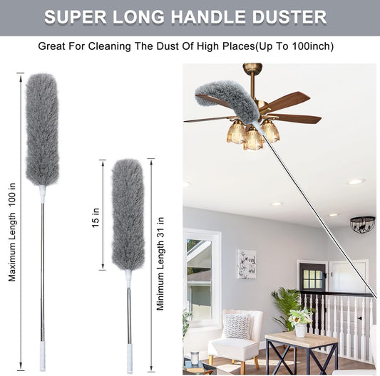 100" Extra-Long Microfiber Feather Duster, Extendable Pole Dusters, Telescoping Cobweb Duster for Cleaning, Bendable and Washable Microfiber Head, Cleaner for High Ceiling, Fan, Furniture