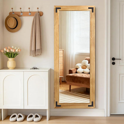 55"x22" Full Length Mirror with Wooden Frame，Natural Wooden Standing Mirror, Solid Wood Frame, Hanging or Leaning Wall-Mounted, Suit for Farmhouse, Living Room, Bedroom (Light Brown)