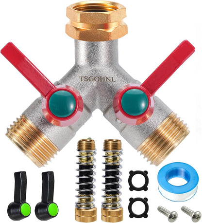 Hose Splitter 2 Way, Y-Valve Water Spigot Splitter, High Flow Faucet Splitter, 3/4" GHT Thickened Hexagonal Water Inlet with 2 Garden Hose Coiled Spring Protectors and 2 More Extension Handles