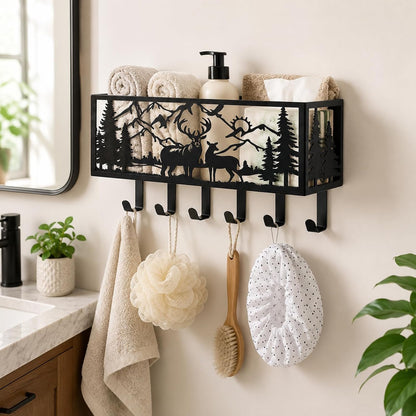 Deer Mountain Metal Key Holder Wall Mount Key Holder for Wall Rustic Cabin Decor Key Rack Hooks Hanger Woodland Wildlife Wall Art Entryway Organizer Housewarming Hunting Gifts
