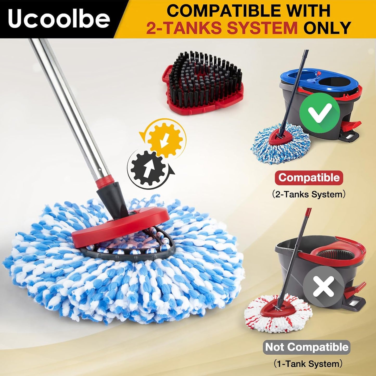 Spin Mop Replacement Head for O Cedar 2 Tank RinseClean, 4 Microfiber mop Refill, 1 Scrub Brush, 1 Mop Stick, 1 Mops Base, Deep Cleaning, 30" to 58" Mop Handle Replacement