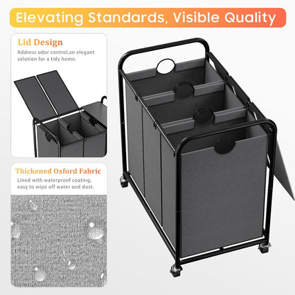 180L (47.55 Gal) Laundry Sorter 3 Section, Rolling Laundry Basket with Lockable Wheels and Lid, Laundry Hamper with 3 Separated Removable Bags Dirty Clothes Hamper for Laundry Room Organizer, Black