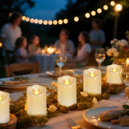 Outdoor Indoor Flameless Candles, Patented 3D Dual-LED, Set of 6 Slanted Top Durable Plastic Pillars with 2 Remotes & Timer, Non-Melting Waterproof Battery Candles for Patio Garden (Ivory)