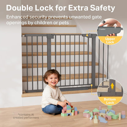 Cumbor 29.7-48" Baby Gate for Stairs, Mom's Choice Awards Winner-Dog Gate for Doorways, Auto Close Safety Pet Gate for Dogs Indoor, Easy Install Pressure Mounted Child Gate with Walk Thru Door, Brown