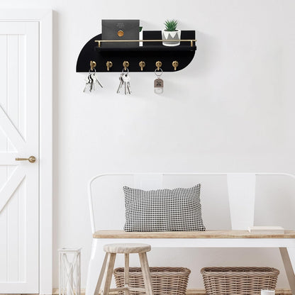 Key Holder for Wall, Decorative Key and Mail Organizer with 6 Sturdy Metal Hooks and Floating Shelf, 14 Inches Wood Wall Mounted Key Rack for Entryway, White and Gold