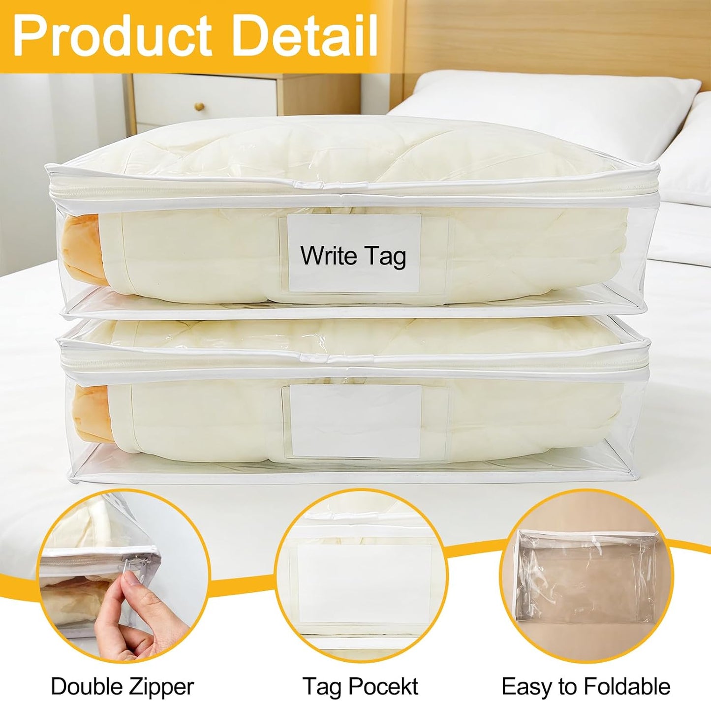 6 Pack Clear Zippered Plastic Storage Bags, Vinyl Sweater Bags with Zipper, Durable Clothing Organizer Protectors for Quilt, Blankets and Bedding, 15.3" x 13.8" x 3.9"