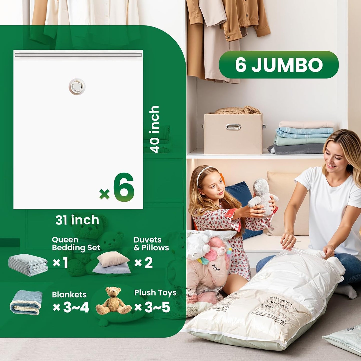 TAILI 8 Pack Vacuum Storage Bags, Jumbo Size (31×40 inch), Vacuum Seal Bags for Clothing, Bulky Bedding, Comforter, Blankets, Pillows, Space Saver Packing