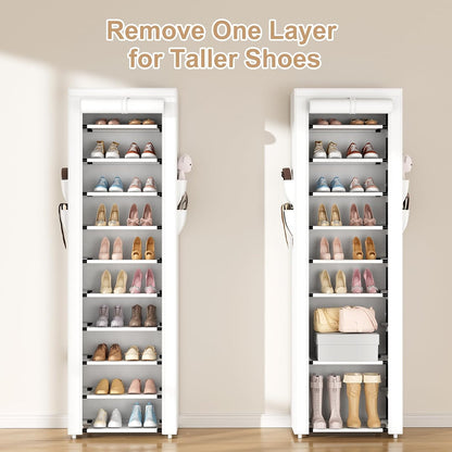 ROJASOP 10 Tier Shoe Rack with Covers,Large Capacity Stackable Tall Shoe Shelf Storage to 50-55 Pairs Shoes and Boots Sturdy Metal Free Standing Shoe Rack Organizer for Closet Entryway Garage