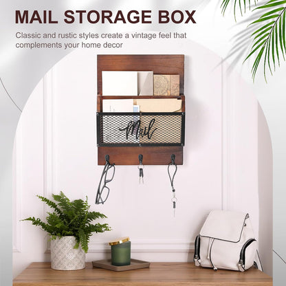 Yalikop Farmhouse Mail Organizer Wall Mounted Rustic Mail Holder Hanging Key Sorter with 3 Hooks Indoor Wooden Wall Mounted, Letter, Magazines, Newspapers, Keys(Classics,Brown)