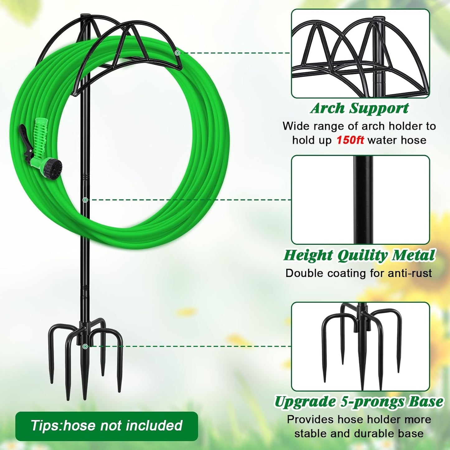 Gtongoko Garden Hose Holder for Outside 43" Heavy Duty Freestanding Water Hose Holder with 4 Stable Spikes Metal Hose Stand Holds Up to 150FT Hose & 44LB Detachable Hose Storage for Yard Lawn Patio