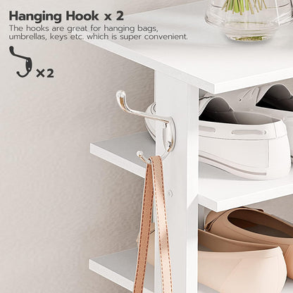 HOOBRO 8 Tiers Vertical Shoe Rack, Wooden Shoe Storage Organizer with Hooks, Narrow Shoe Tower for 8 Pairs, Space Saving, for Entryway, Living Room, Bedroom, Rustic Brown BF07XJ01G1