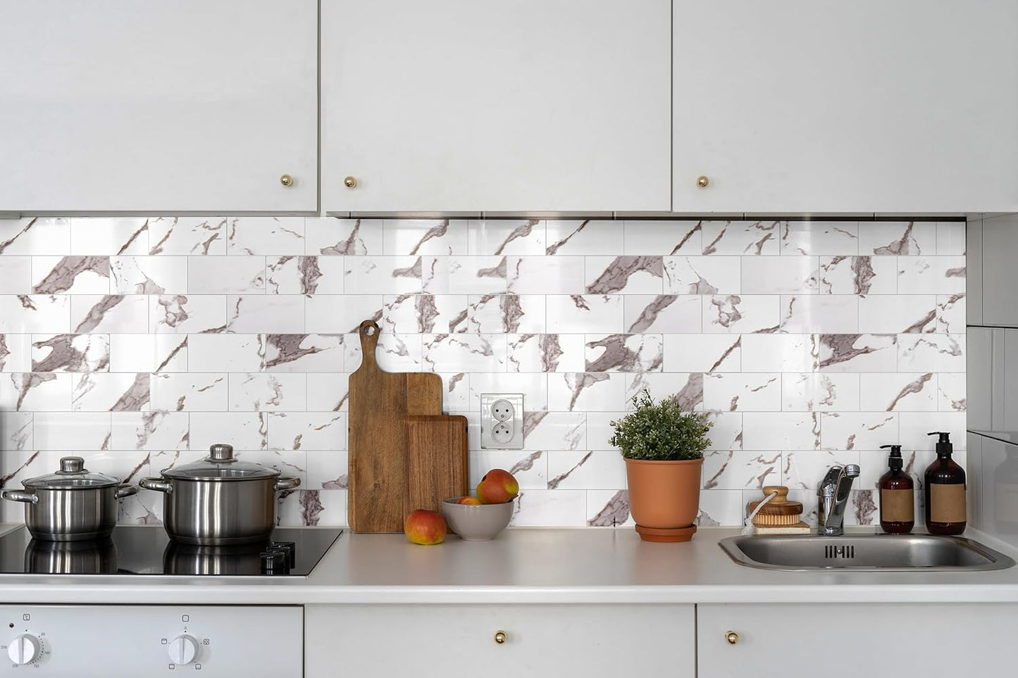 StyloVue 100 Pieces Peel and Stick Backsplash for Kitchen, 3" x 6" PVC Subway Tile, Glossy White with Dark Gray Grout, Self Adhesive Stick on Wall Tiles for Kitchen, Bathroom, Fireplace, RV