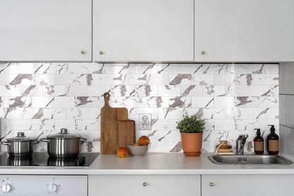 StyloVue 100 Pieces Peel and Stick Backsplash for Kitchen, 3" x 6" PVC Subway Tile, Glossy White with Dark Gray Grout, Self Adhesive Stick on Wall Tiles for Kitchen, Bathroom, Fireplace, RV