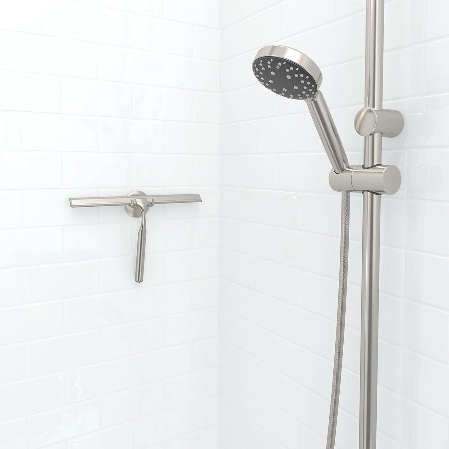 Better Living Deluxe XL Shower Squeegee, Multi-Purpose Silicone Squeegee Blade with Storage Hook, Rust-Proof Heavy Duty Window, Glass, Shower Scrubber, Windshield Wiper, 12", Brushed Nickel