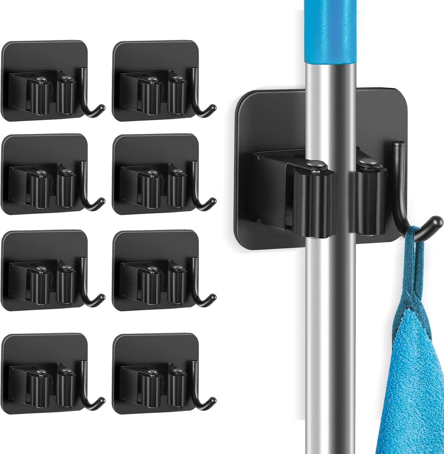 4 Pack Anti-Slip Broom Holder, Space-Saving, Damage-Free Wall Mount, Stainless Steel, Black