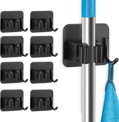 4 Pack Anti-Slip Broom Holder, Space-Saving, Damage-Free Wall Mount, Stainless Steel, Black
