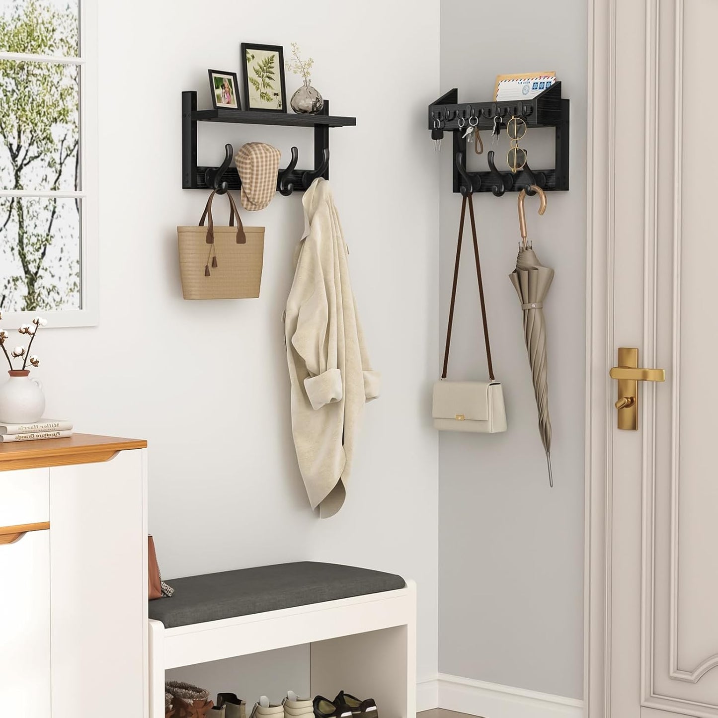 Evermagin 29" Coat Rack Wall Mount with Shelf, 4 in 1 Coat and Key Hanger with 11 Metal Hooks, Entryway Wall Mounted Shelf with Mail Holder for Living Room, Bedroom, Rustic Brown