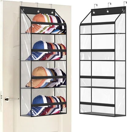 AOODA Clear Over the Door Hat Racks for Baseball Caps, Large Holds up to 72 Caps Hat Storage Organizer for Closet Wall, Deep Pockets Hanging Snapback Holder Shelves with 3 Hooks, White