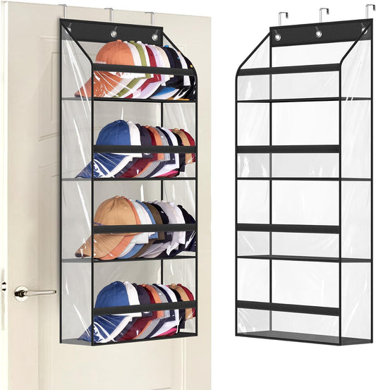 AOODA Clear Over the Door Hat Racks for Baseball Caps, Large Holds up to 72 Caps Hat Storage Organizer for Closet Wall, Deep Pockets Hanging Snapback Holder Shelves with 3 Hooks, White