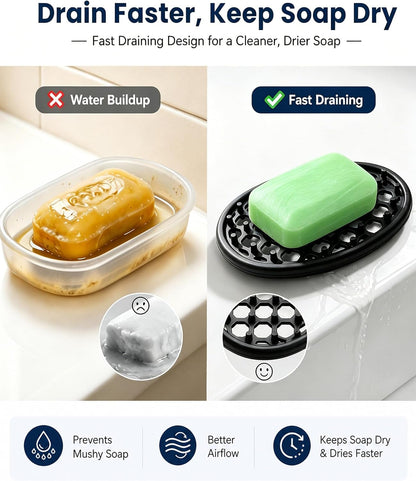 OTHIX 3 Pack Silicone Soap Dish for Shower, Self Draining Bar Soap Holder with Hollow Drainage Design, Non Slip Soap Saver Tray for Bathroom Sink, Kitchen Counter, Bathtub, Shower Shelf (Black)