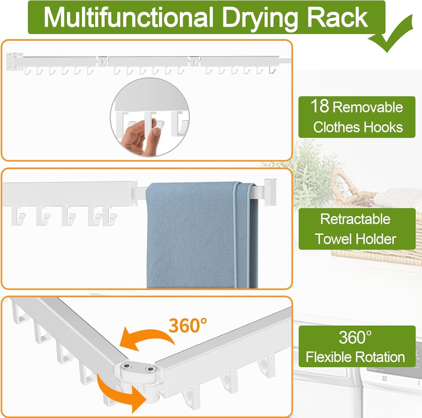 Kelisiting Clothes Drying Rack, Wall Mounted Laundry Drying Rack, Upgrade 3-Fold Foldable Collapsible Retractable Clothing Drying Rack with 12 Dual Hooks Organization for Laundry Room Indoor- Black