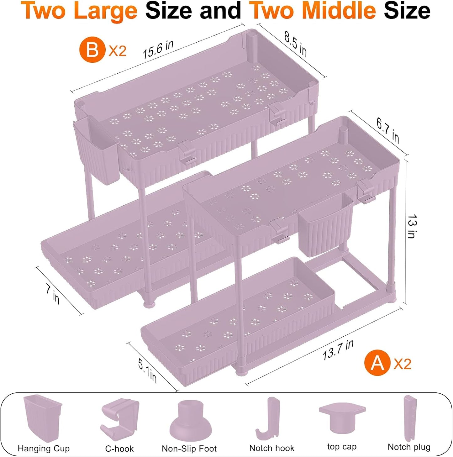 Sevenblue 4-Pack 2-Tier Under Sink Organizer with Pull Out Drawers | Multi-use kitchen & bathroom storage. Includes hanging hooks and cups. Black, space-saving cabinet design.