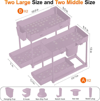 Sevenblue 4-Pack 2-Tier Under Sink Organizer with Pull Out Drawers | Multi-use kitchen & bathroom storage. Includes hanging hooks and cups. Black, space-saving cabinet design.