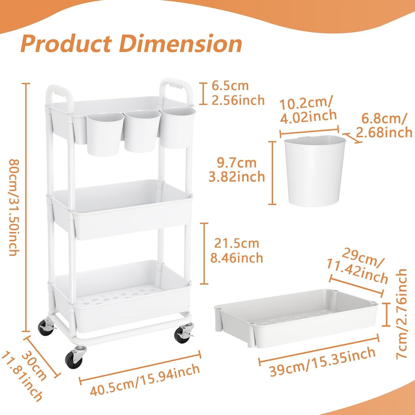 JIUYOTREE 4-Tier Plastic Rolling Storage Cart Utility Cart with Extra Hanging Cups Handles Lockable Wheels for Living Room Bathroom Kitchen Office White