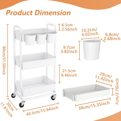 JIUYOTREE 4-Tier Plastic Rolling Storage Cart Utility Cart with Extra Hanging Cups Handles Lockable Wheels for Living Room Bathroom Kitchen Office White