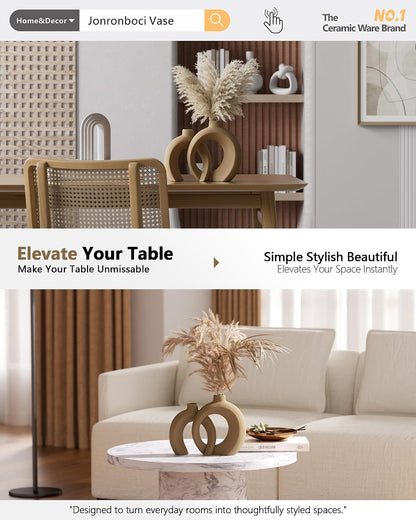 7.2″Hx8.9″H Donut Shape Decorative Vase Set of 2, Ceramic, Modern Minimalism Styles, Flowers or Plant Table Vases for Home Decor Living Room Shelf Entry Console Mantle Dining Centerpiece (Matte White)
