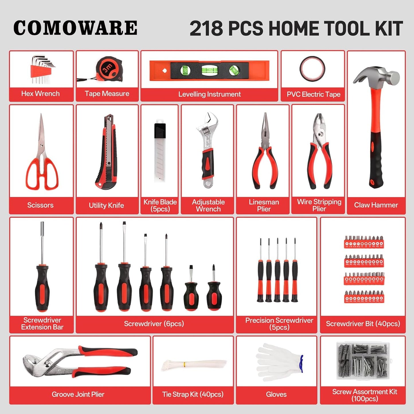 COMOWARE 218 Pcs Tool Set, Basic Tool Kit for Home, Socket Set, Combination Wrench, Screwdriver Bit Set, Rv Tool Set with Storage Tool Bag, Red, Gift for Dad