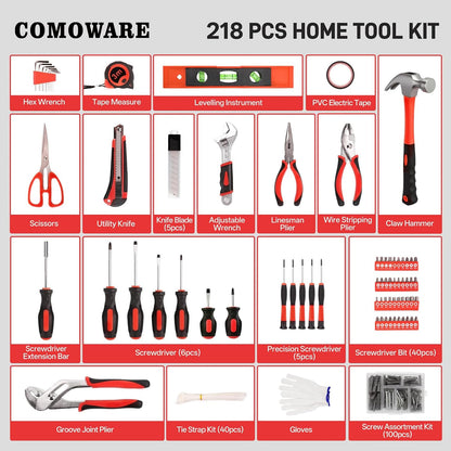 COMOWARE 218 Pcs Tool Set, Basic Tool Kit for Home, Socket Set, Combination Wrench, Screwdriver Bit Set, Rv Tool Set with Storage Tool Bag, Red, Gift for Dad