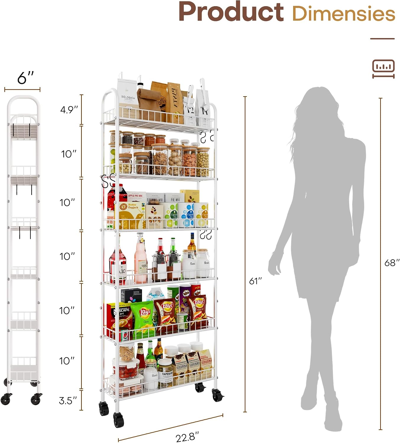Slim Rolling Storage Cart with Wheels, Metal 6 Tier Spice Rack Mobile Shelving Unit Organizer Kitchen Utility Cart for Office Bathroom Kitchen Laundry Room Narrow Places (6inches)