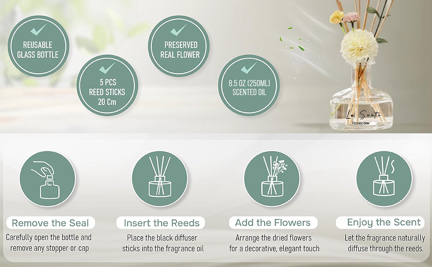 Reed Diffuser Set 8.5 fl oz / 250 ml Glass Bottle with Decorative Flower & Natural Reeds Flameless Home Fragrance for Bathroom Bedroom Office Honeydew Scent