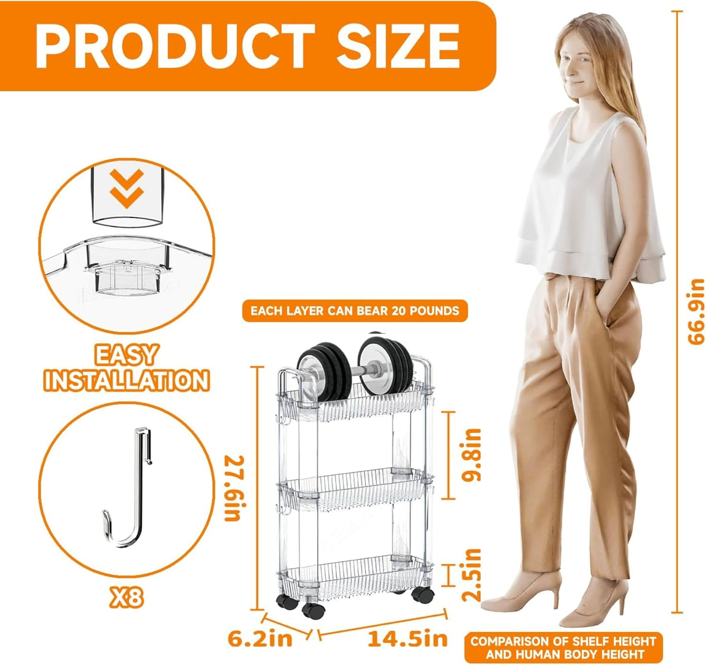 3 Tier Slim Rolling Storage Cart with Wheels for Small Space,Clear Modern Design Slim Utility Cart Suitable as Bathroom Cart Organizer Shelf,Skinny Bathroom Storage Rack,Narrow Laundry Cart on Wheels