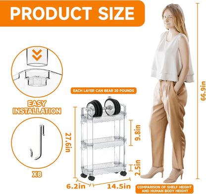3 Tier Slim Rolling Storage Cart with Wheels for Small Space,Clear Modern Design Slim Utility Cart Suitable as Bathroom Cart Organizer Shelf,Skinny Bathroom Storage Rack,Narrow Laundry Cart on Wheels