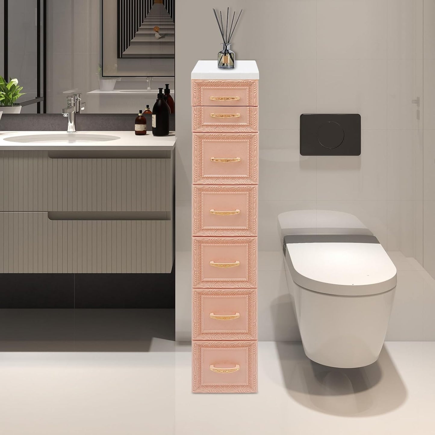 8 Drawers Narrow Storage Cabinet with Wheels,Slim Floor Cabinets,Rolling Organizer Cart for Small Spaces,Pink