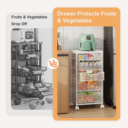 4 Tier Kitchen Rolling Cart, Kitchen Storage Cart with Wheels, Adjust Pantry Organizer and Storage Cart with Drawer, Fruit Vegetable Spice Storage Cart, Wooden Top Metal Kitchen Organizer Rack Stand